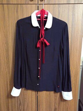 Lion Of Porches Boutique Blouse White Collar and Cuffs Navy Red Ribbon Pearl But